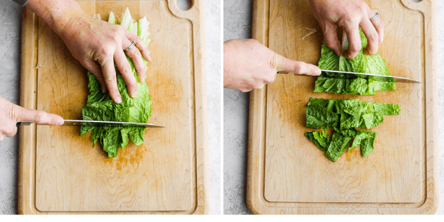 collage of knife chopping up romaine lettuce