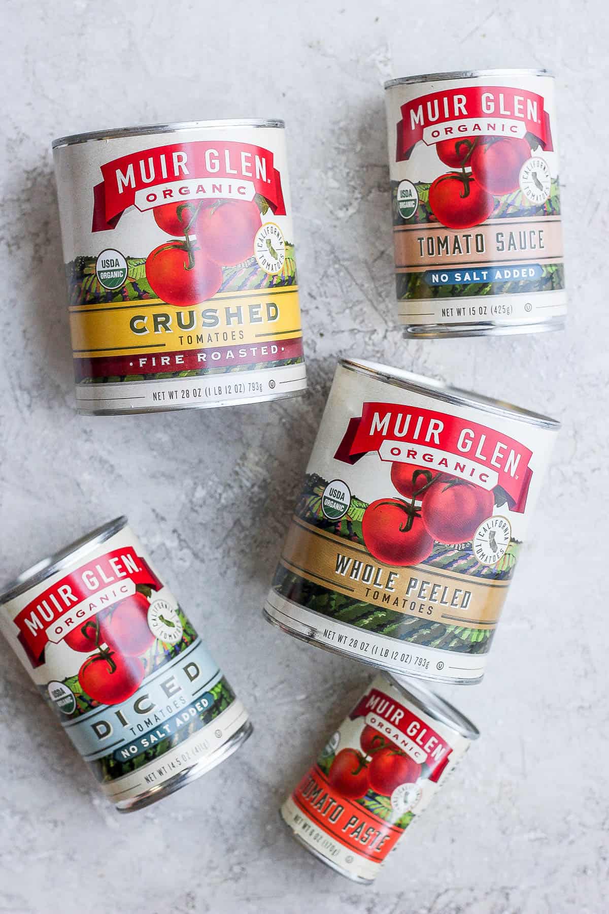 5 different types of canned tomatoes: diced, crushed, sauce, whole peeled, and paste.