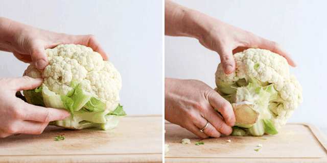collage of removing base from cauliflower