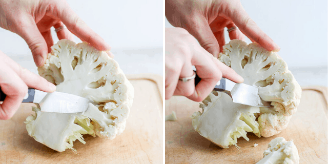 collage of knife cutting off florets from cauliflower