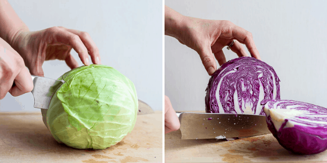 Cutting the cabbage in half - collage of green and purple cabbage