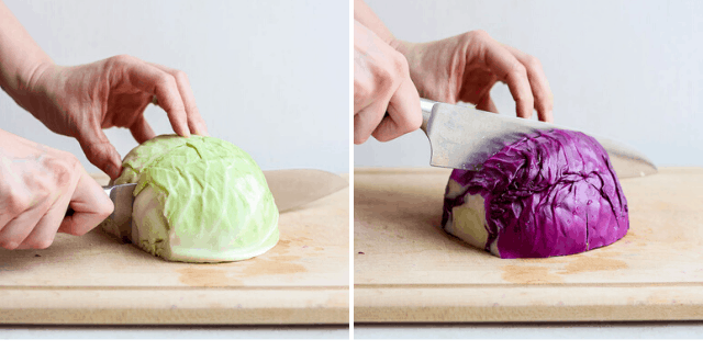 Cutting the cabbage in half again - collage of green and purple cabbage