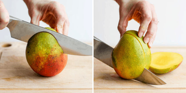 process shots of knife cutting through mango