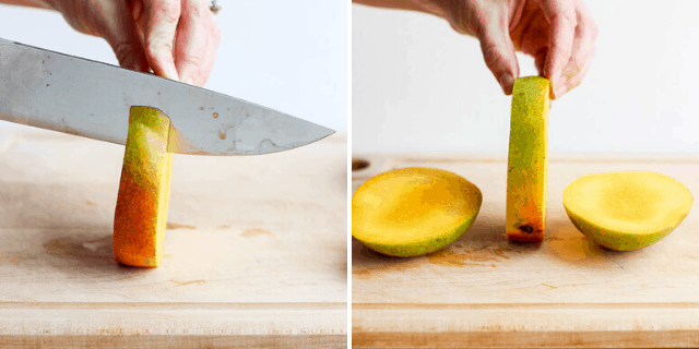 process shot of a knife cutting a mango slice