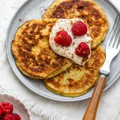 3 Ingredient pancakes with raspberries on top