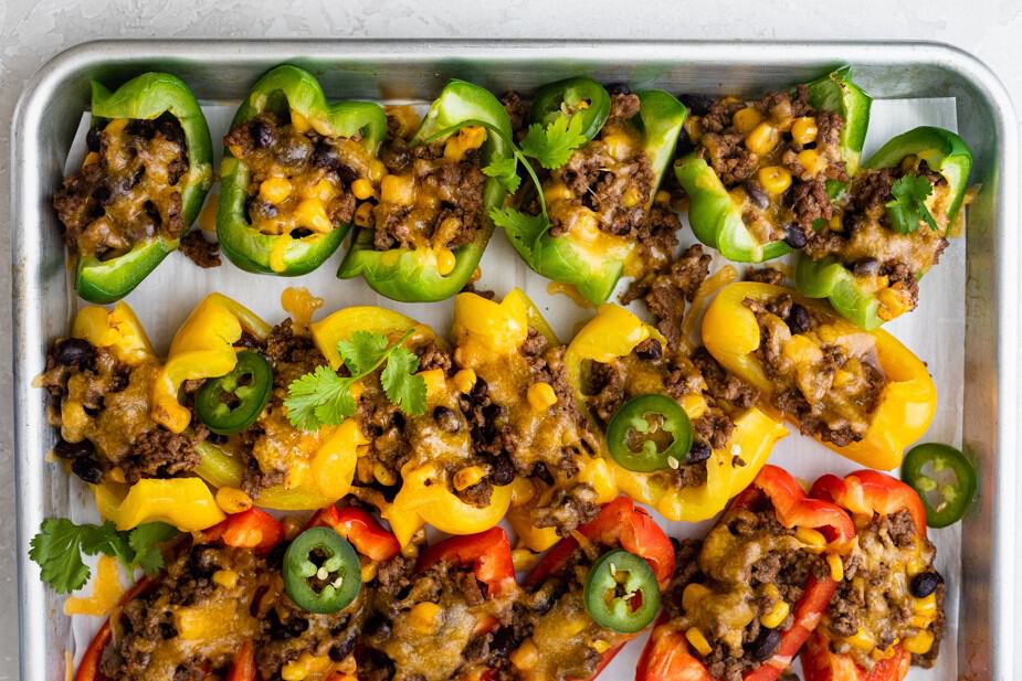 Bell pepper nachos on a baking sheet.