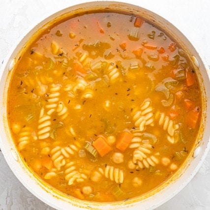 Noodles and chickpeas added.
