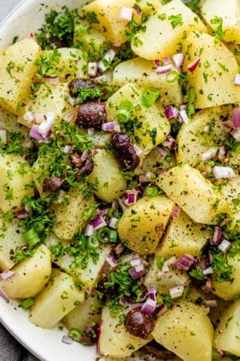 Mediterranean potato salad in a bowl.