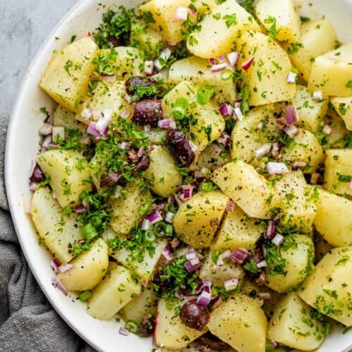Mediterranean potato salad in a bowl.