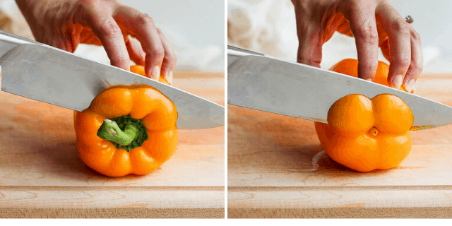 side by side pictures showing knife cutting the top and the bottom off yellow peppers