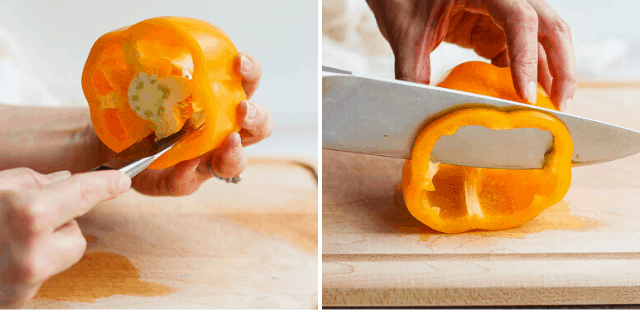 side by side pictures showing knife cutting out bell pepper core and knife slice a pepper