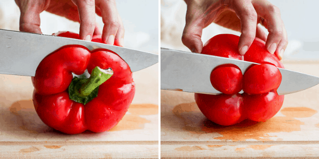side by side pictures of knife cutting the top and bottom off a red bell pepper