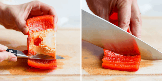 side by side pictures of a knife cutting the core from a bell pepper half and a knife cutting a bell pepper into strips