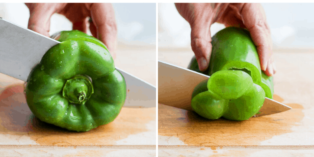 side by side pictures of knife cutting the top and bottom off a green pepper