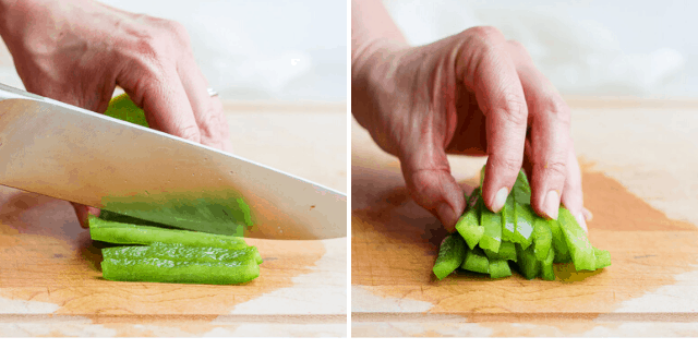 knife cutting bell pepper into strips