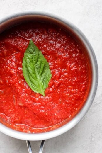 overhead shot of marinara sauce in a pot