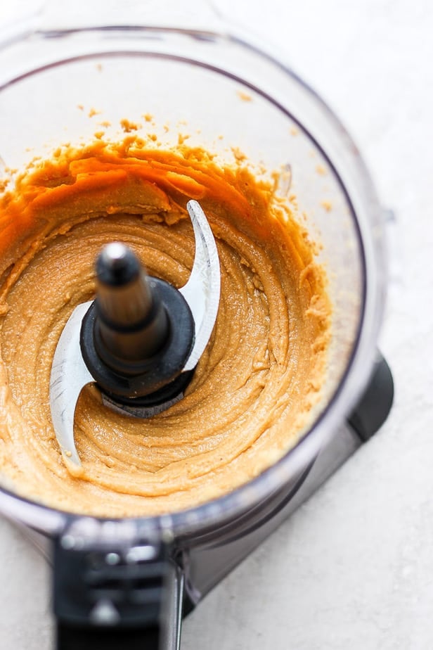 overhead shot of peanut butter in blender