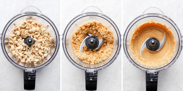 side by side shot of peanuts in a blender being chopped