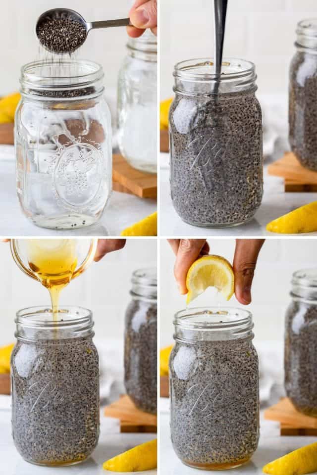 Step by step of how to make the drink using chia seeds, lemon and honey