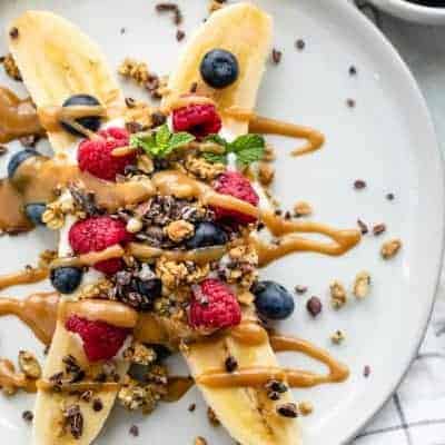 Healthy banana split that can be for breakfast or dessert or snack