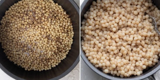 Process shots to show how to cook the mograbieh/couscous