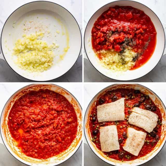 Process shots showing how to create the sauce and then add the fish