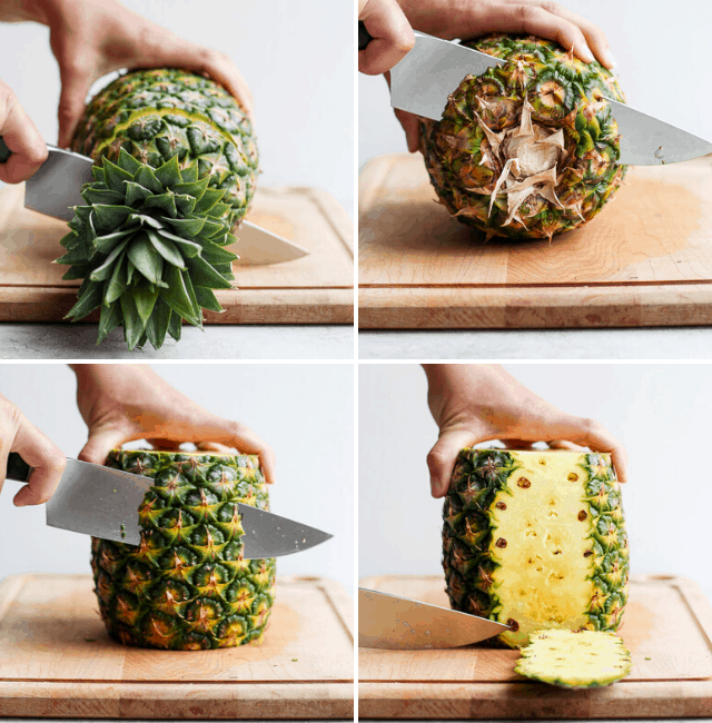 Step by step photos to show how to cut a pineapple
