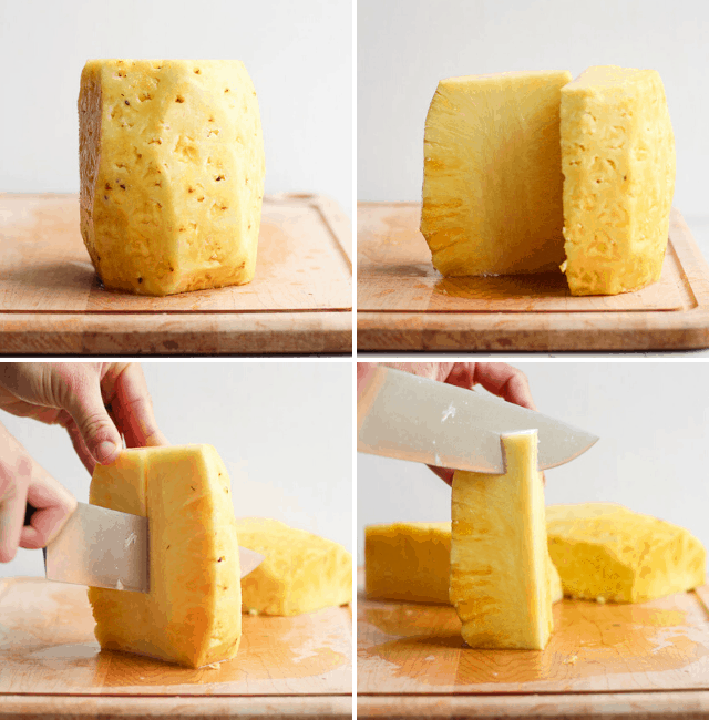 Continued step by step photos to show peeled pineapple, followed by cutting in half and cutting in quarters