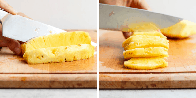 Cutting pineapple in sticks or in wedges