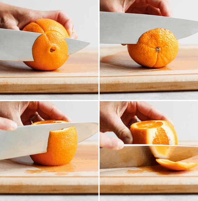 Step by step shots for how to peel an orange before segmenting