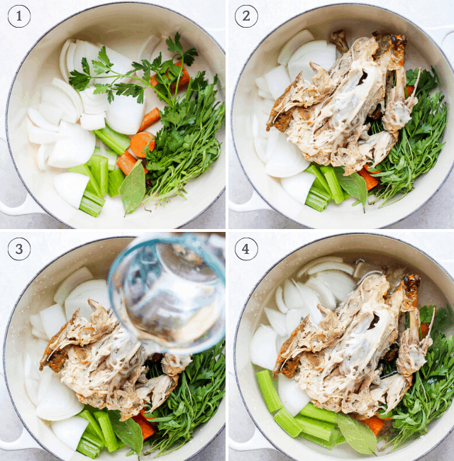 Step by step shots for how to cook chicken stock on stovetop