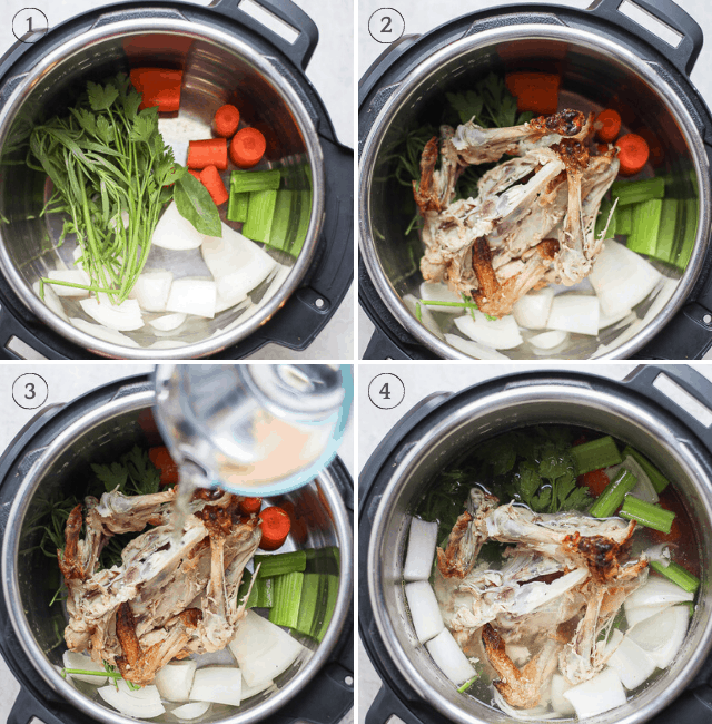 Step by step shots for how to cook chicken stock on instapot