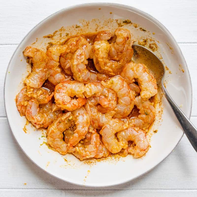 Shrimp mixed with the sauce.