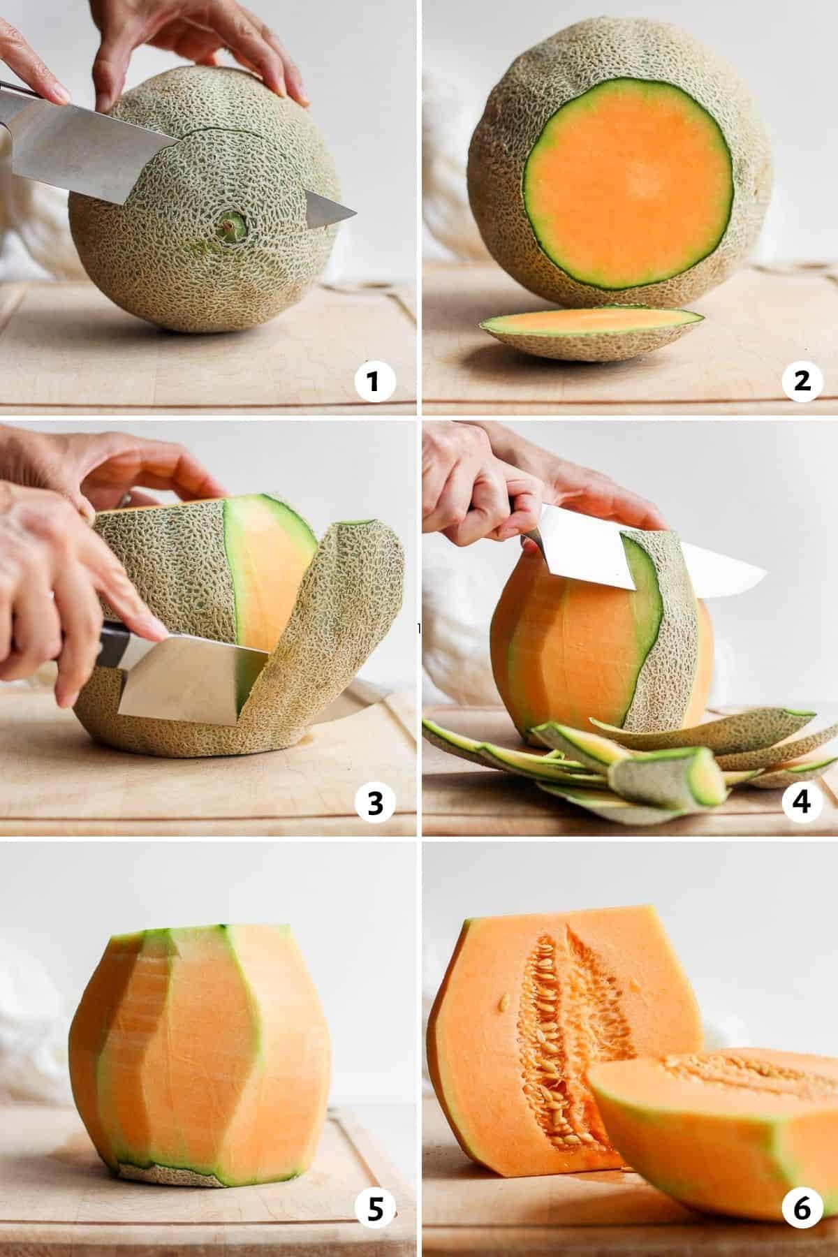 Step by step shot for how to cut a melon