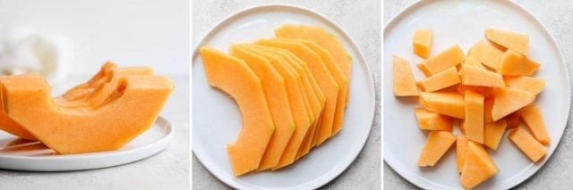3 collage image of cantaloup wedges, slices and cubes