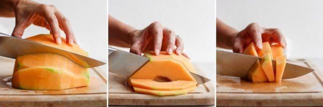 Different shapes of melons getting cut - 3 collage image