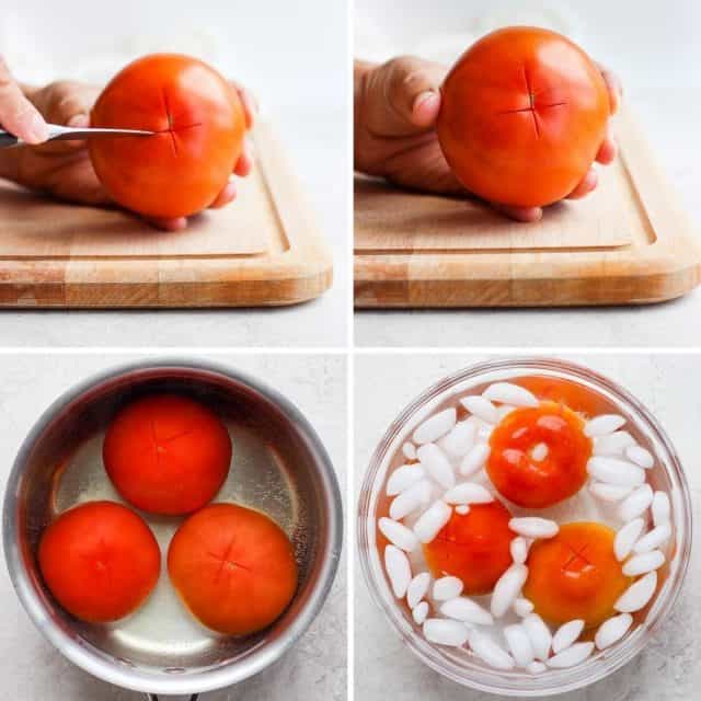 Collage showing how to mark x at the bottom of tomato, boil and blanch it