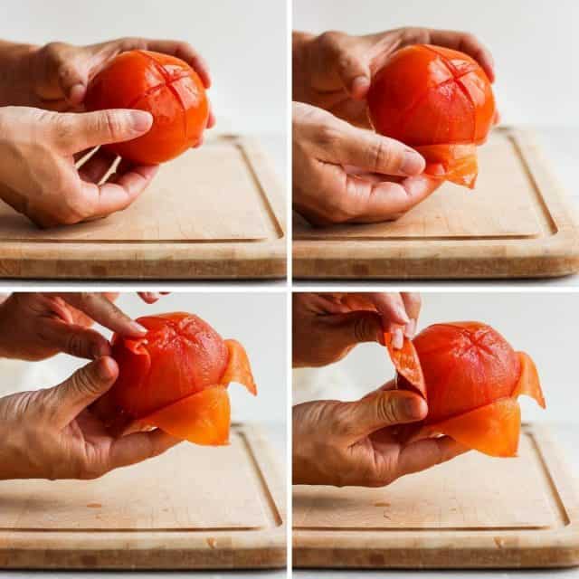 Collage showing step by step how to peel a tomato after boiling