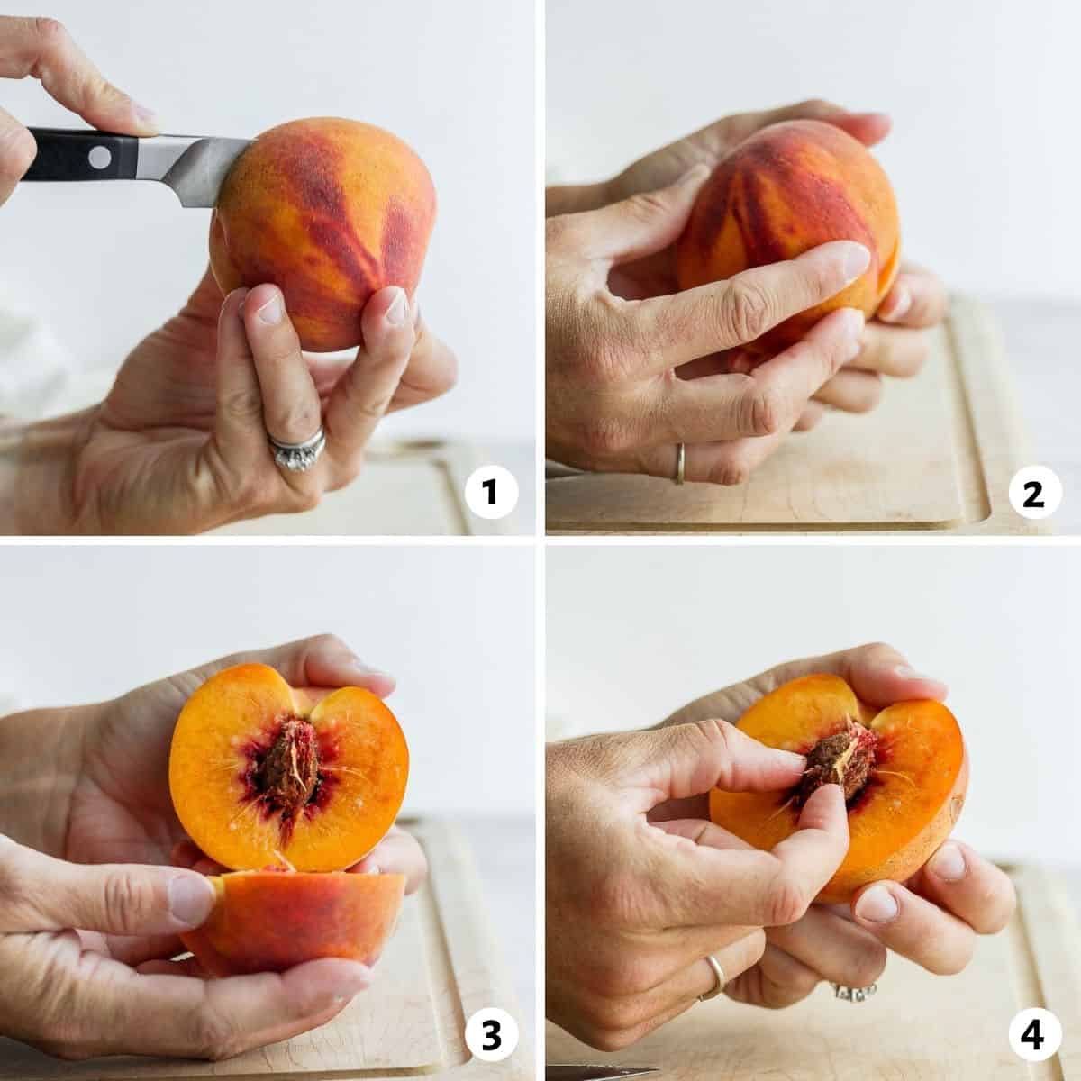 4 images showing steps for how to cut a peach