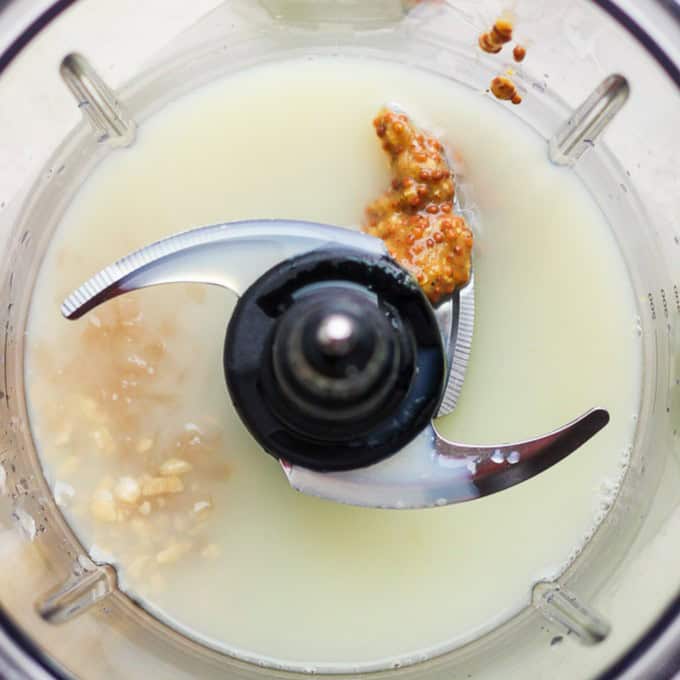 Ingredients for emulsified dressing in a processor before combining.