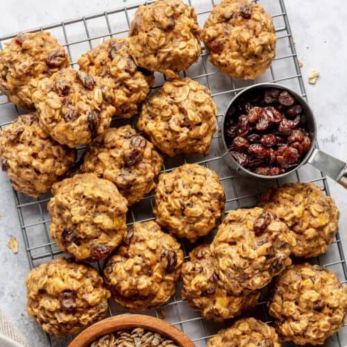 Close up of oatmeal breakfast cookie on a wire rack.
