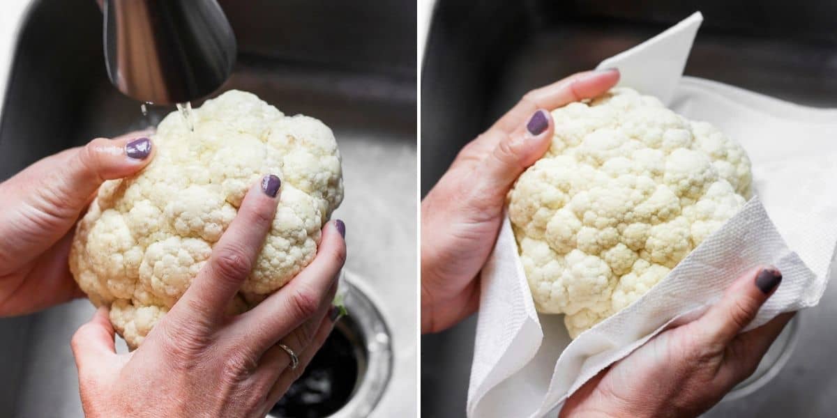 2 image collage to show how to wash and dry the cauliflower