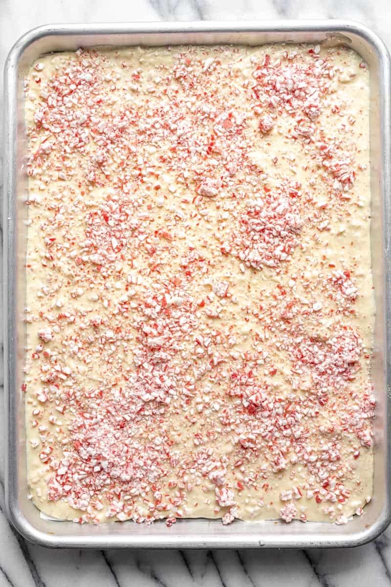 White chocolate peppermint mixture poured on top of the dark chocolate.