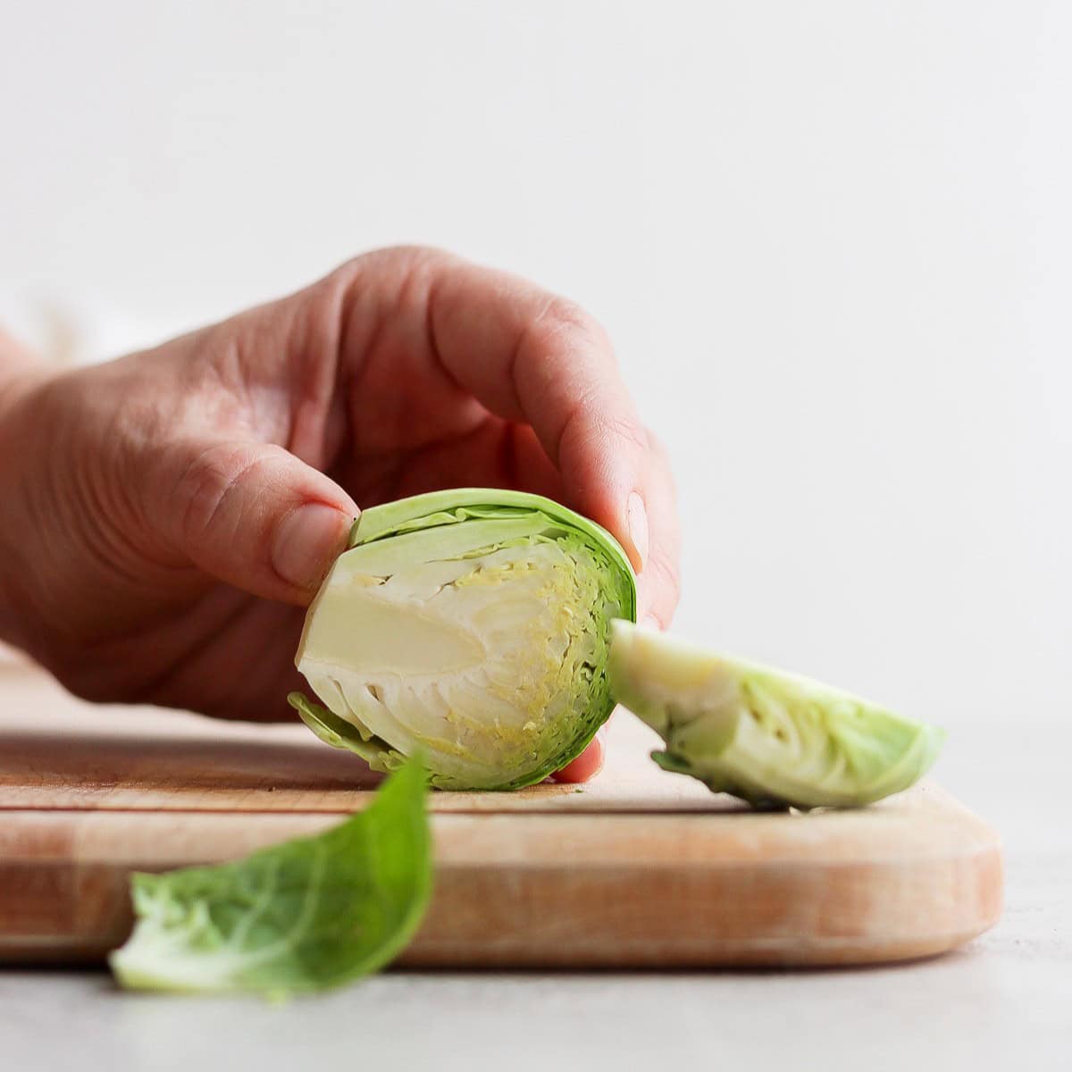 Sliced brussel sprout in half through the stem.