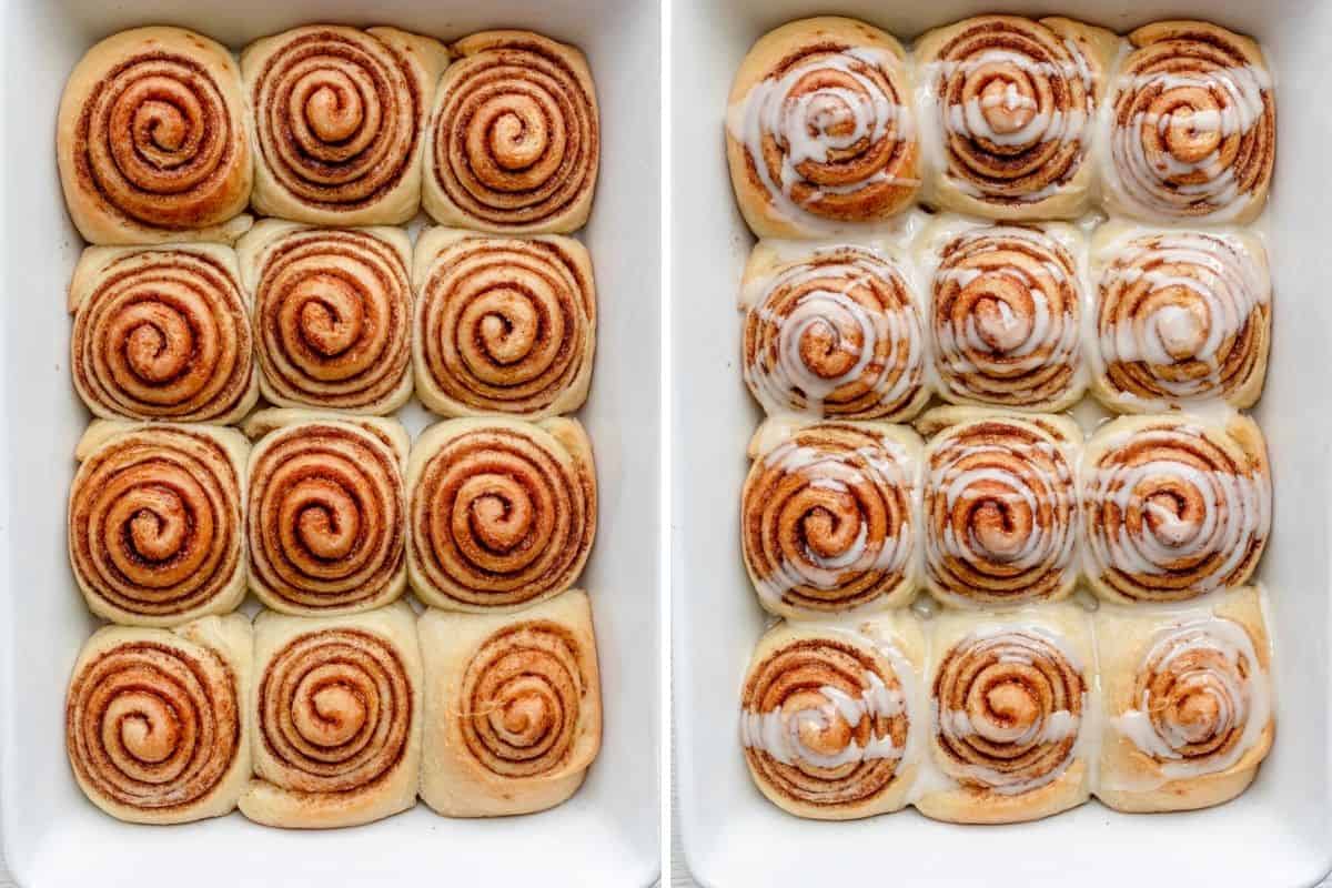 2 image collage to show the rolls after baking and then after glazing