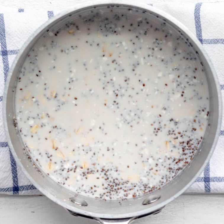 Added chia seeds and oats to the sauce pan.