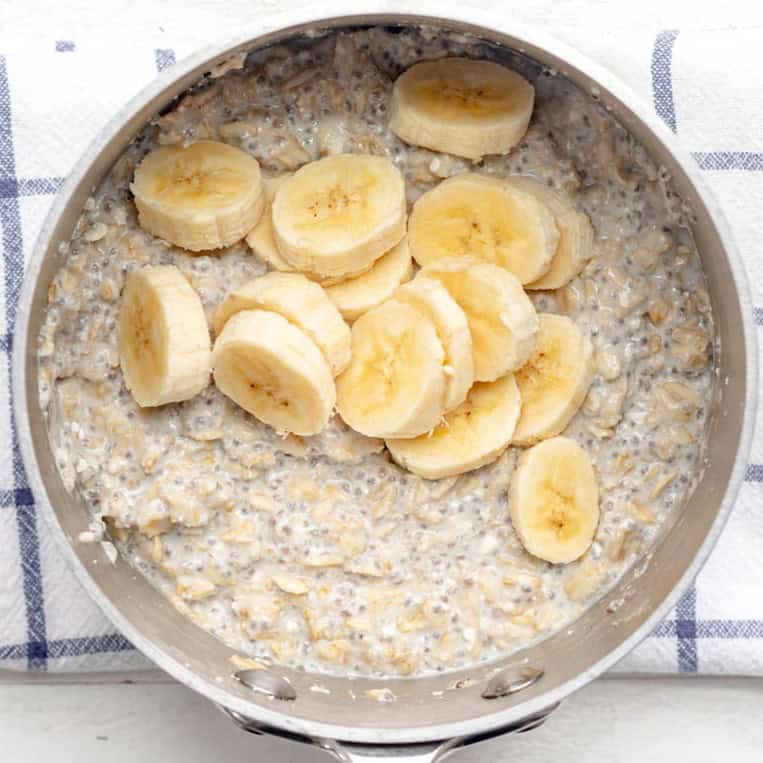 Protein powder and bananas added to the oatmeal.