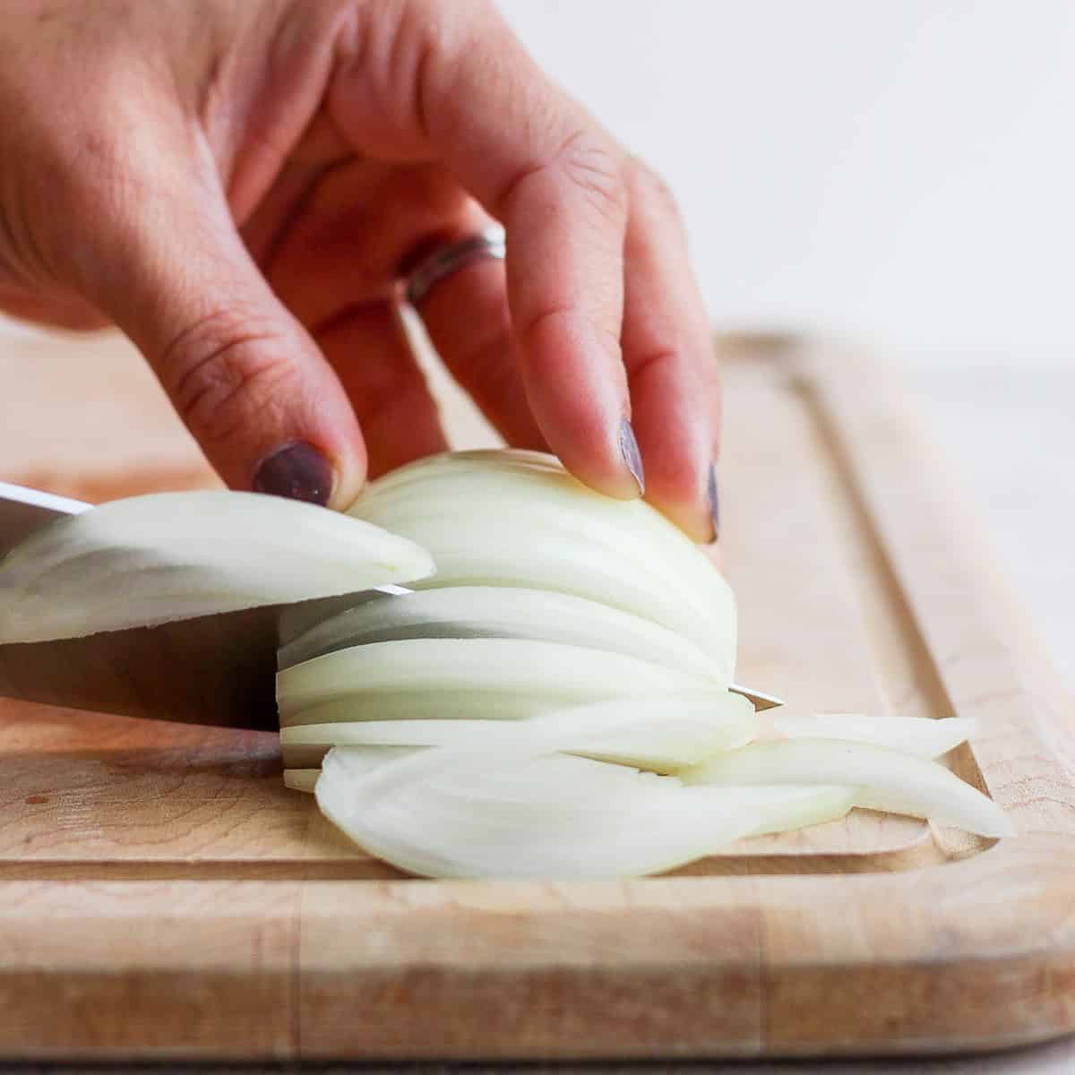 Slicing onions.