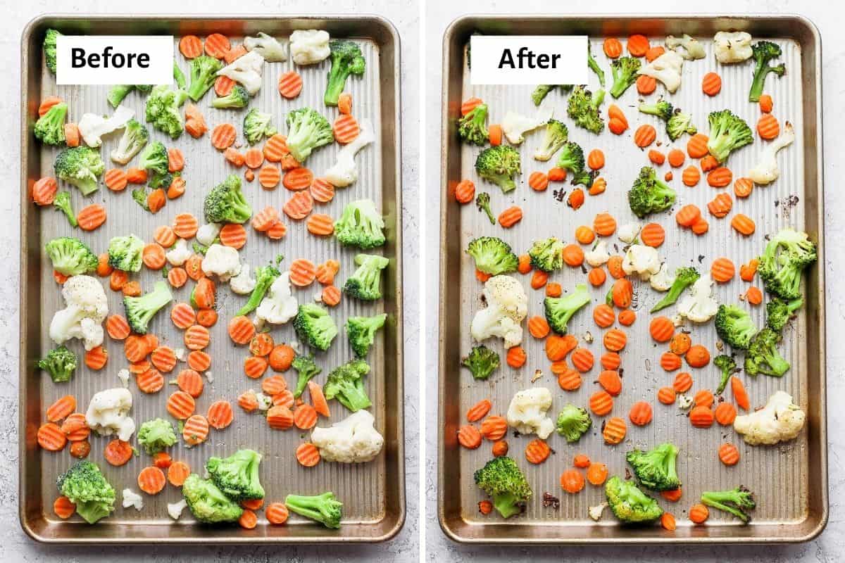 2 image collage showing the frozen vegetables before and after roasting on a sheet pan tray