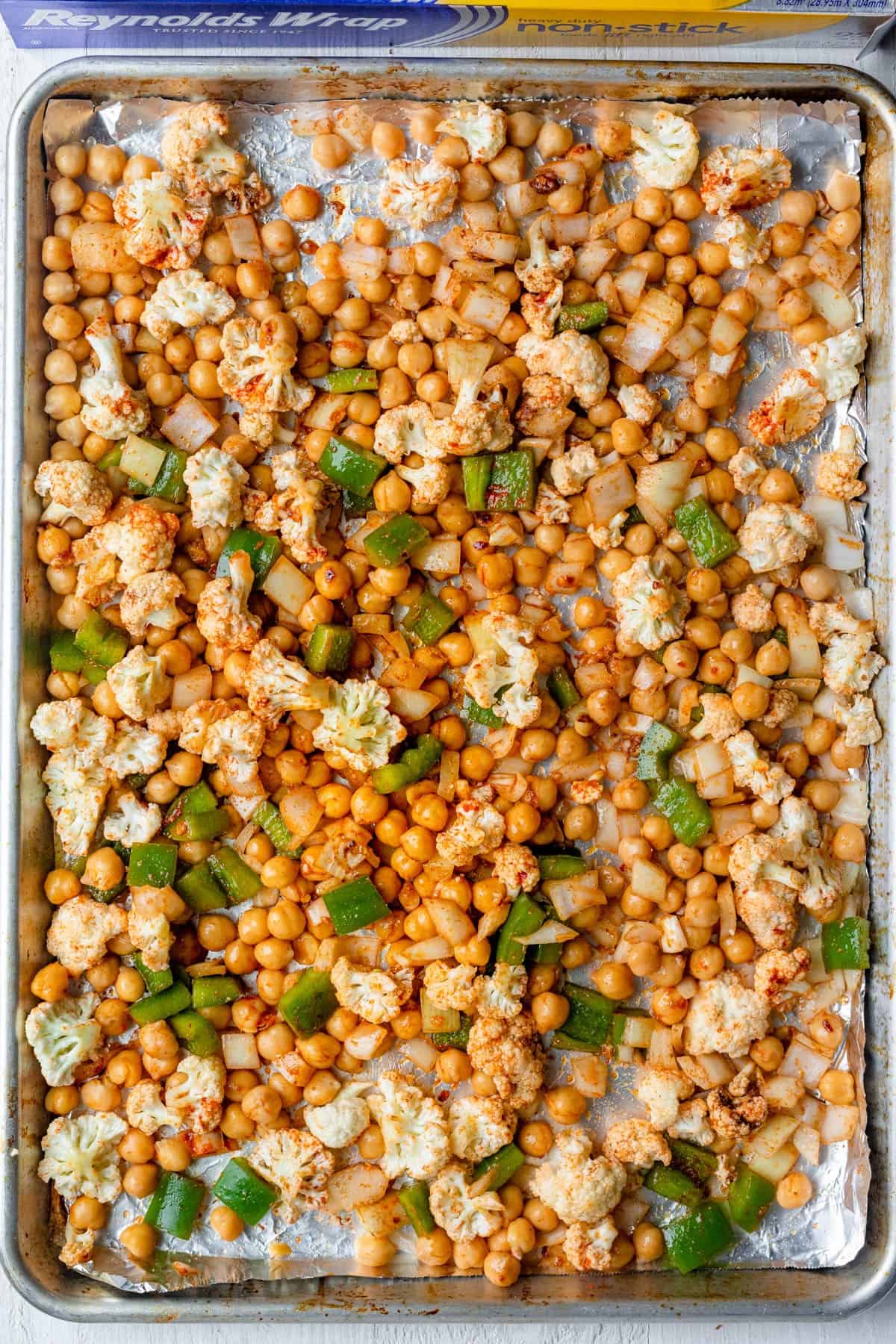 Chickpea shawarma on a baking sheet before baking.